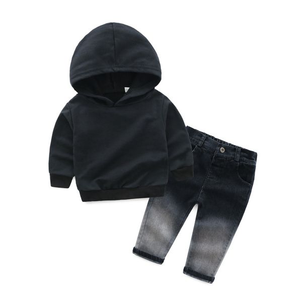 

2pcs baby boys clothing set hooded children boy clothing long sleeve kids clothes black t-shirts+jeans pants tracksuit 0-5y7, White