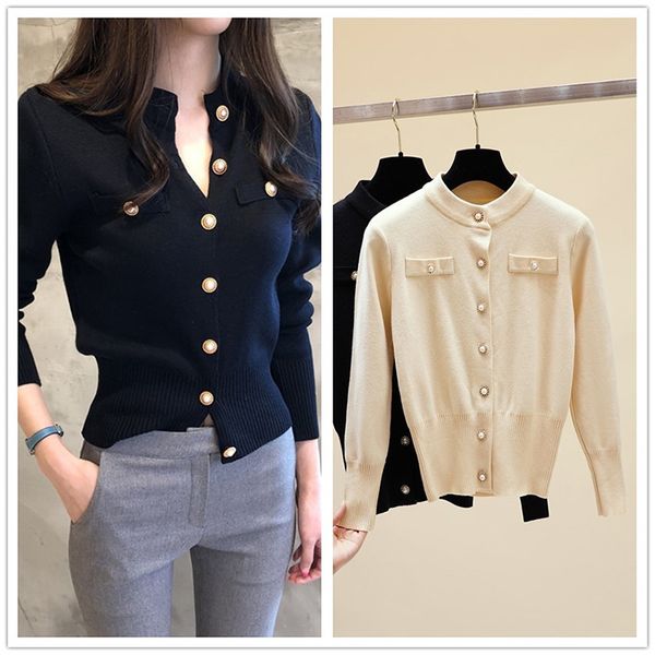 

women's knits & tees pearl button up women sweater black beige female cardigan knit outerwear 2021 high street knitwear jumpers, White