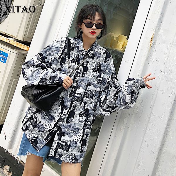 

xitao] new women 2019 spring summer notched collar full sleeve loose shirt female print pattern single breasted blouse dll3210, White