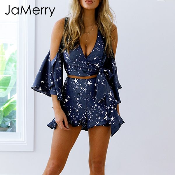 

jamerry cold shoulder v neck romper women star print two piece set beach playsuit ruffle wrap tie summer jumpsuit overall, Black;white
