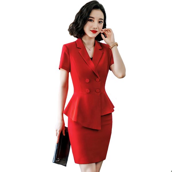 

women suit spring summer irregular short sleeve slim red claret blazers office lady fashion work coat skirt suits women clothes, White;black