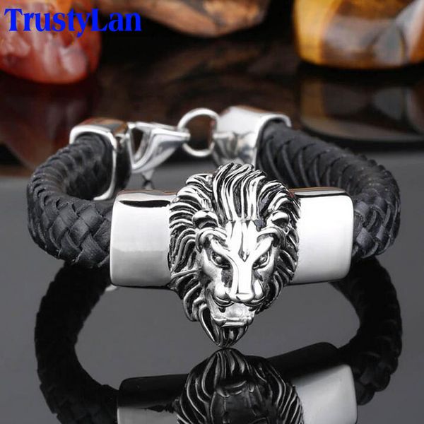 

trustylan black genuine leather man bracelets for men punk stainless steel lion head mens bracelets & bangles friends jewelry, Golden;silver