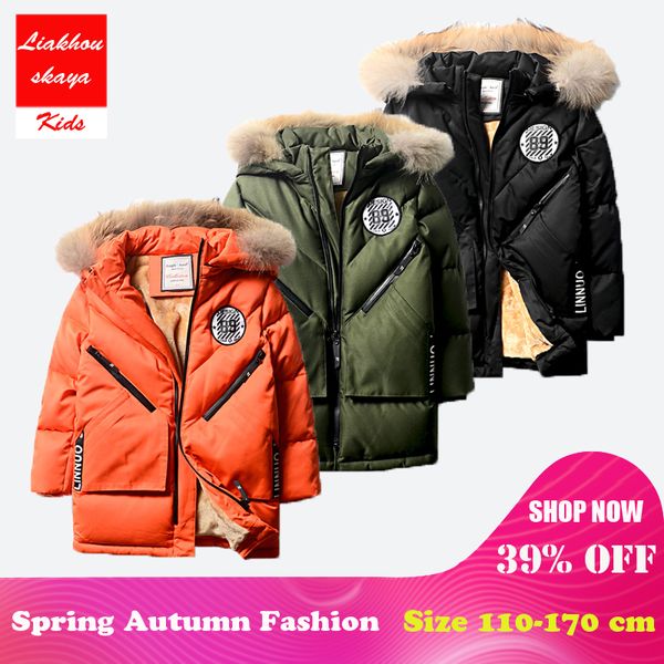 Fur Hooded Coat Boys Kids Black Thick Warm Winter Cotton Padded Parka Jacket e8