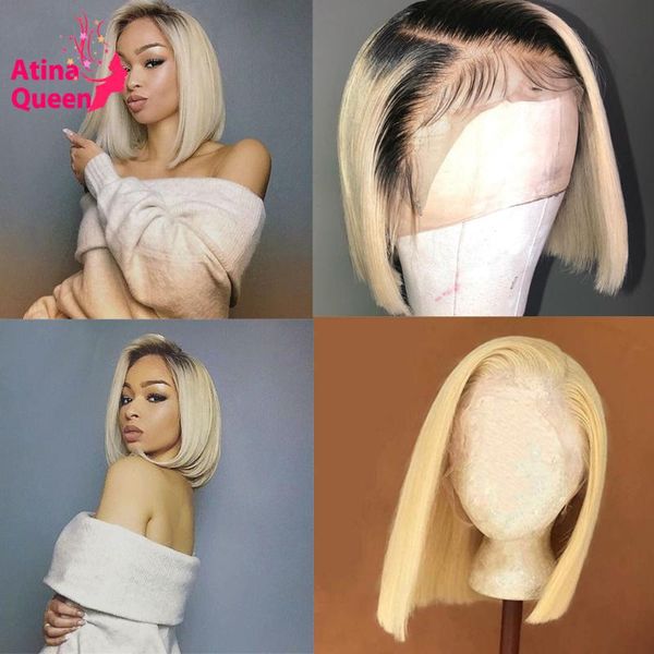 

deep part 13x6 blonde 613 lace front wig remy pre plucked blunt cut colored short bob ombre 1b human hair wigs with baby hair, Black;brown
