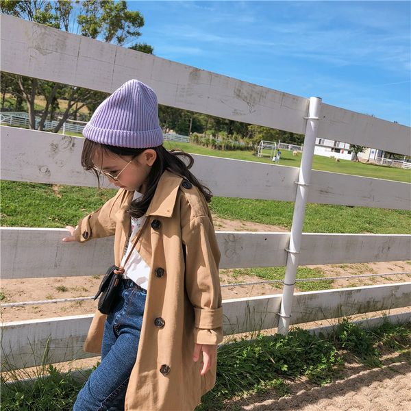

2019 kids long jacket parka autumn korean little girls trench coat fashion soild double-breasted outwear for 2-8yrs, Blue;gray