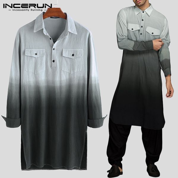 

incerun vintage men shirt tie dye gradient cotton long sleeve lapel pockets 2019 casual muslim kaftan men streetwear long shirts, White;black