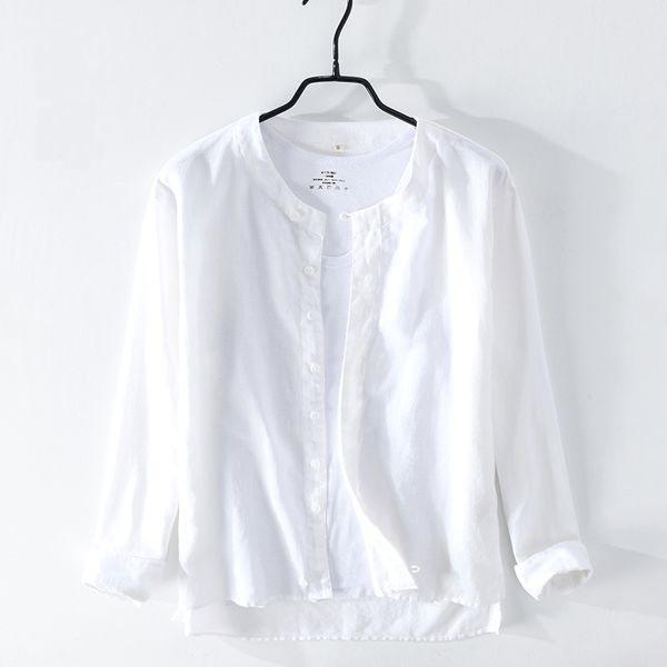 

2020 new men's long sleeve casual shirts men slim fit solid white collarless cotton linen shirt male brand clothing y2331, White;black