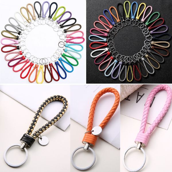 

67 colors pu leather braided woven keychain rope rings fit diy circle pendant key chains holder car keyrings jewelry accessories, Silver