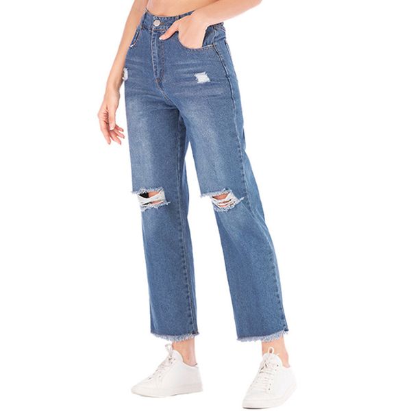 

straight jean casual wide-leg pants cropped jeans women autumn elastic stretch loose denim, Blue