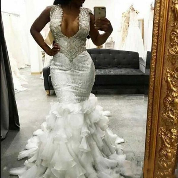 

Luxury Beaded Wedding Dresses Cap Sleeves Mermaid Bridal Gowns Ruffles Organza Skirts 2019 New Wedding Dress