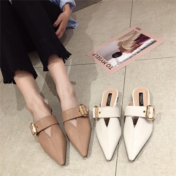 

woman low heels mules fashion slip on slides pointed toe shoes belt buckle sandals ladies sapato feminino khaki white loafers, Black