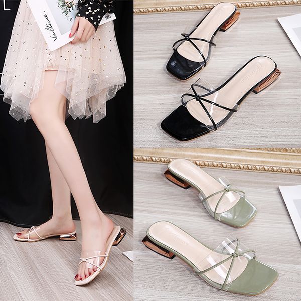 

shoes woman 2020 slippers heels low slipers women jelly slides fashion med high soft new transparent flat luxury rubber pu rome, Black