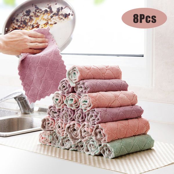 

8pcs microfiber kitchen dish cloth absorbent towel non-stick oil washing cloth rag for household tableware cleaning wiping tools