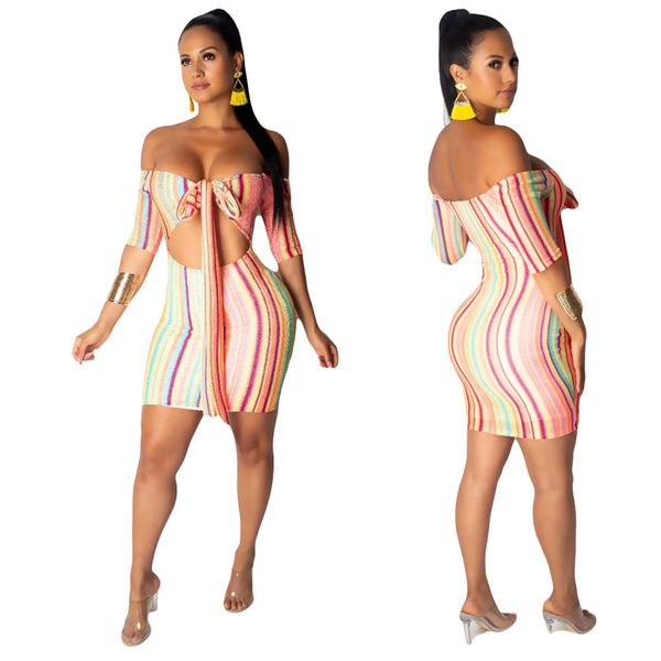 

радужное полосатое сексуальное облегающее платье для женщин с разрезом на шее с половиной рукавов клубное вечернее платье с бантом и вырезом, White