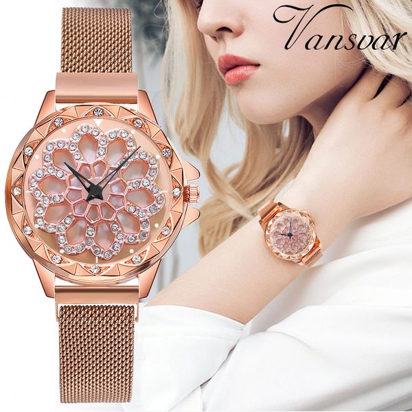 

luxury rose gold watch women magnetic 360 degree rotation quartz wrist watches for women's ladies watch clock zegarek damski, Slivery;brown