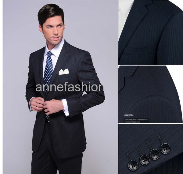 

custom made wool dark navy stripe men suit for wedding business occasion (jacket+pants, White;black