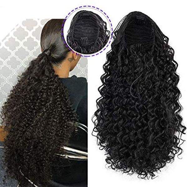 Afro Kinky Curly cordão rabo de cavalo clip em extensão do cabelo curto preto ondulado natural, Olhar virgem brasileira remy peruca