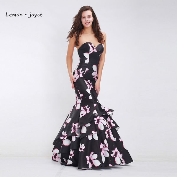 

lemon joyce elegant black evening dresses 2019 sweetheart simple floral print long mermaid prom party gown plus size, White;black