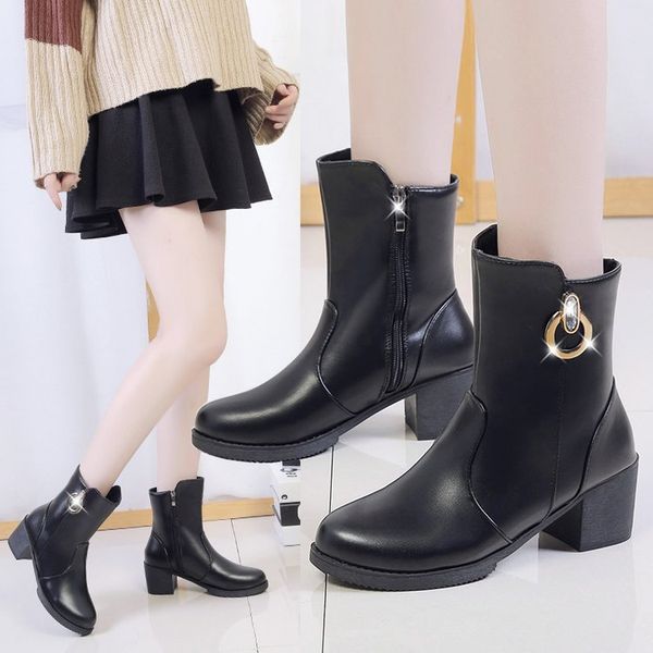 

women's boots autumn booties woman 2019 low heel zipper boots-women shoes clogs platform round toe mid calf ladies rubber, Black
