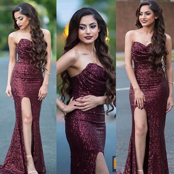 

2019 new burgundy sequined bridesmaid dresses front split elegant sweetheart neck floor length maid of honor dress prom dress bm0737, White;pink