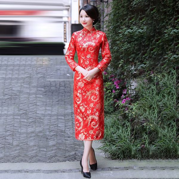 

womens long sleeves stand collar cheongsam dress floral printed split dresses, Black;gray