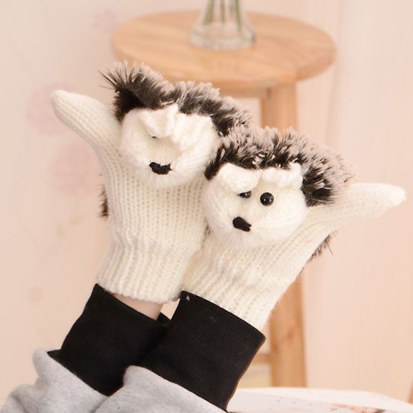 

new 8 colors girls novelty cartoon winter gloves for women knit warm fitness gloves hedgehog heated villus wrist mittens, Blue;gray