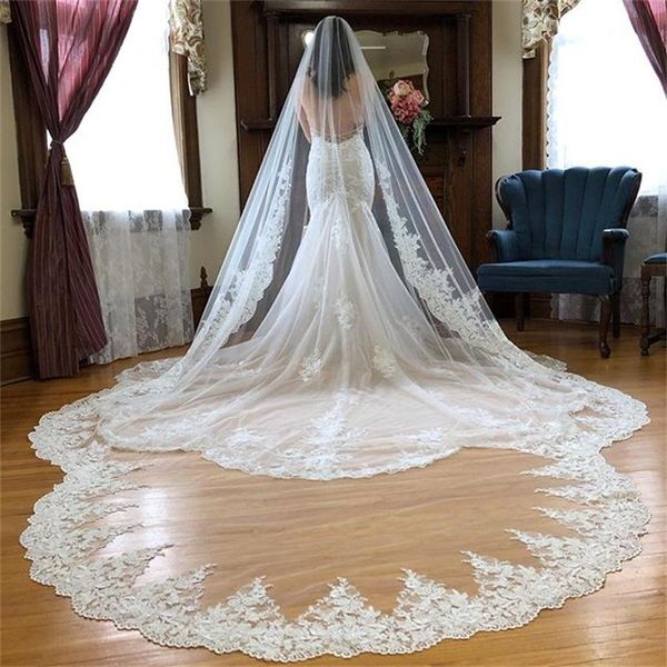 

custom made wedding veils 1 tier 2019 cathedral length lace applique bridal veil with comb cheap, Black
