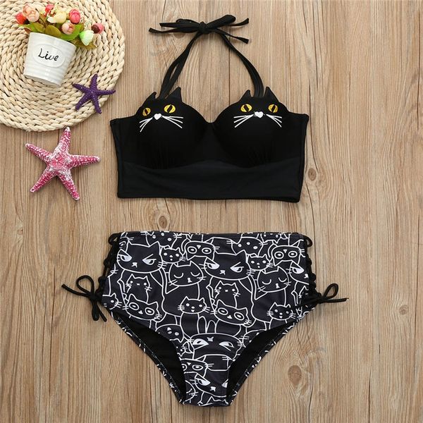 

women's cat high waist women's embroidery straps split swimsuit bikini swimsuit bikini, White;black