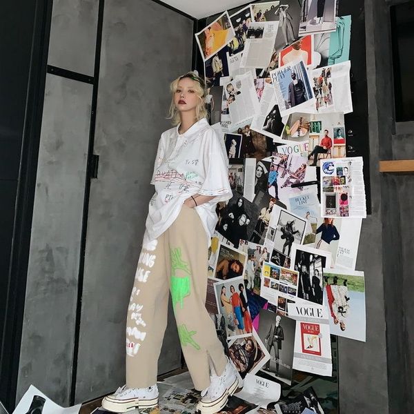 

women's pants & capris nicemix trousers women harajuku graffiti letters printing wide-leg pant korean summer loose high street hip-hop, Black;white
