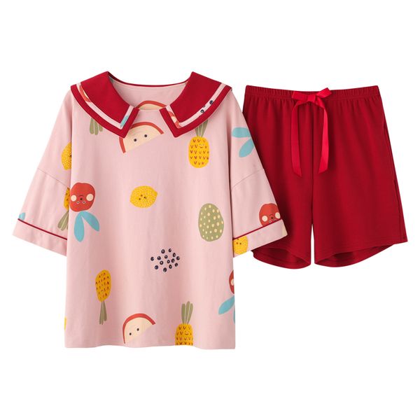 

summer cotton women pajamas short +short pants two pieces set womens pyjamas loose plus size -3xl pyjama femme homewear, Black;red