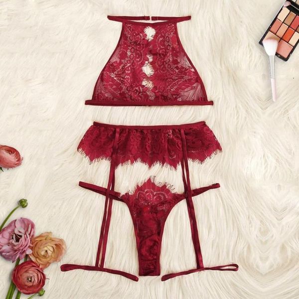 

2020 lenceria women lingerie bra set lace underwire bra sleepwear bandage black lingerie garter underwear bralette, Red;black