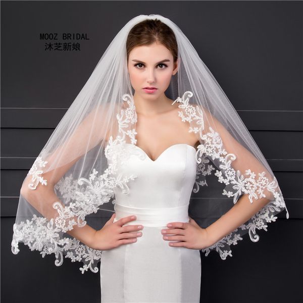 

elbow length veil in stock 2018 two layers appliques lace soft tulle wedding bridal veils with metal comb c19041101, Slivery;golden
