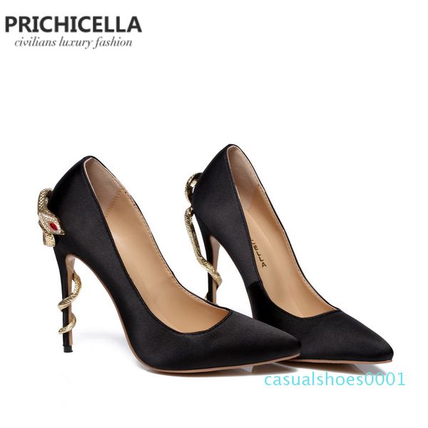 

prichicella satin gold mental snake heel dress shoe unique genuine leather pointed toe high heeled pumps c01, Black