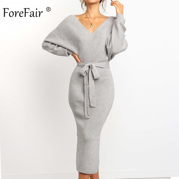 

forefair long sleeve sweater dress women 2019 party slit elegant waist tied sashes bodycon midi wrap knitted winter dress, Black;pink