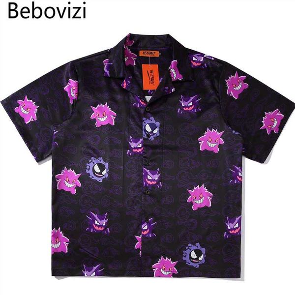 

bebovizi hip hop casual demon print short sleeve hawaiian shirts summer floral button tropical beach hawaii camp oversized shirt, White;black