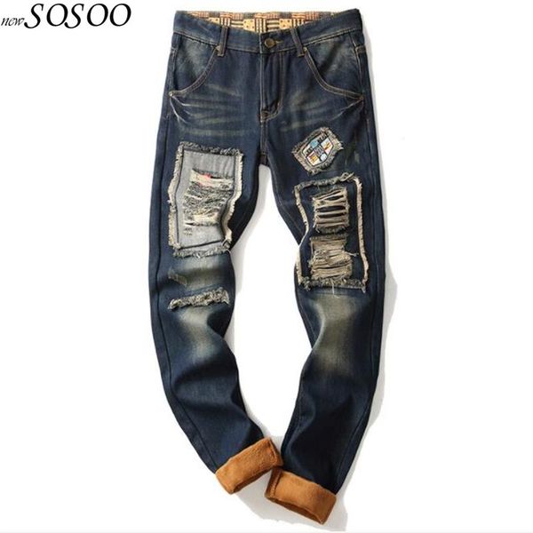 

winter new men's warm jeans ripped jeans for men casual elasticity thick slim denim pants brand trousers #812, Blue