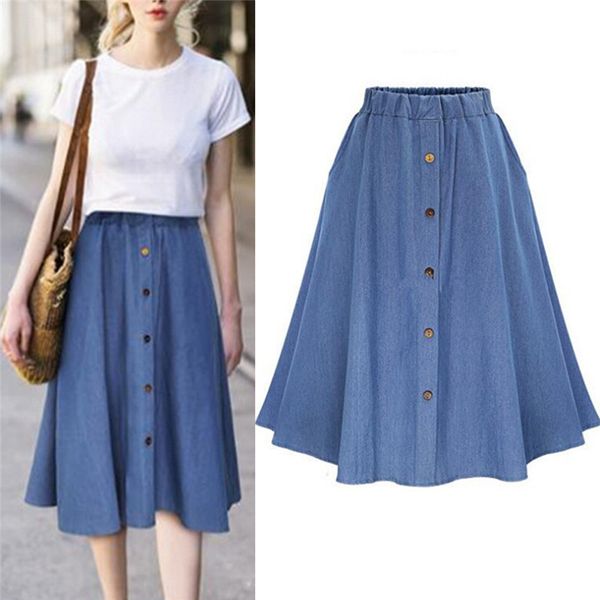 

fashion korean preppy style denim women solid color long skirt nature waist female big hem casual button jean skirt, Black
