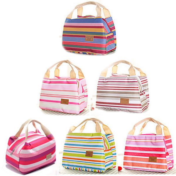 

portable thermal insulated lunch bag canvas stripe bags kids baby tote storage picnic lunchbox, Blue;pink