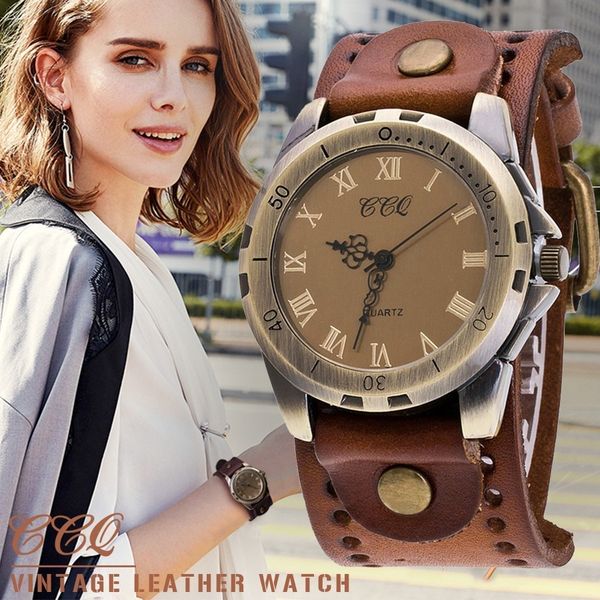 

ccq brand vintage cow leather bracelet men women wrist watch casual roman number quartz watch relogio masculino clock, Slivery;brown