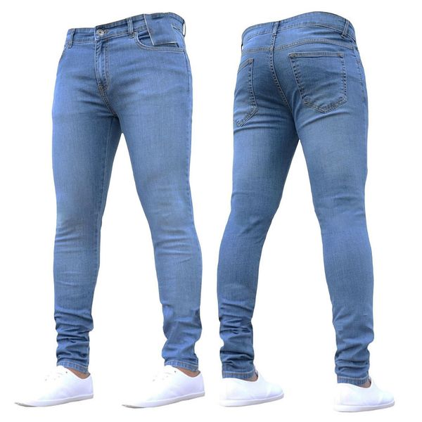 

2019men's fashion slimming jeans men straight jeans solid midweight pants elastic long mid-waist plus size trousers, Blue
