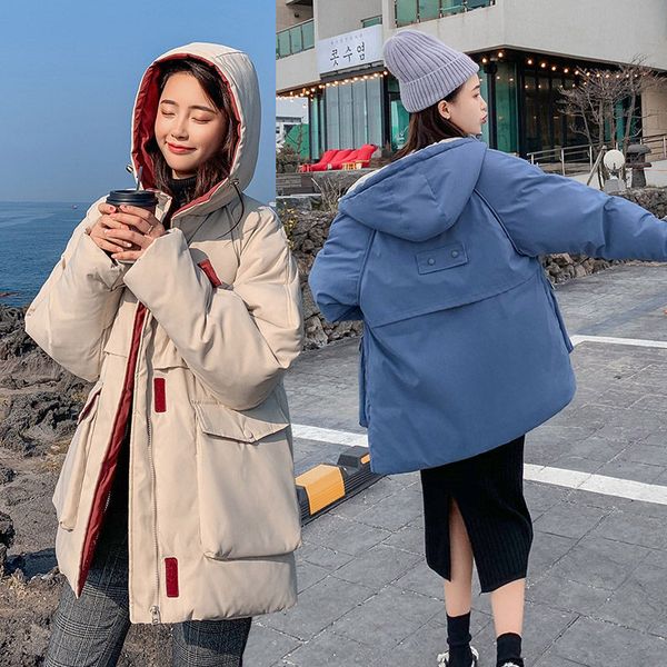 

2019 new fashion winter women's clothing straight solid jacket thick warm winter coat parka casual student hooded outwear f1412, Black