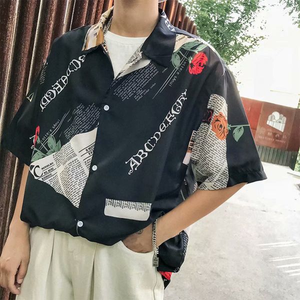 

new trend summer men's loose five-point sleeve shirt fashion personality rose printing half sleeve shirt button down clothes, White;black