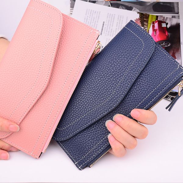 

new personality female long wallet buckle zipper soft leather student wallet multi-card coin purse tide women purse, Red;black
