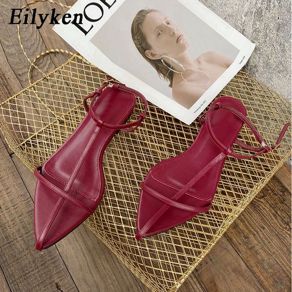 

eilyken 2020 fashion women sandals ankle strap buckle flat heels pointed toe gladiator summer beach elegant ladies dress shoes t18, Black
