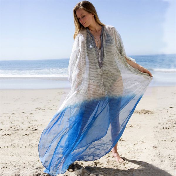 

summer beach dress ladies tunics pareo large size swimming suit for women dresses 2019 chiffon printed neck loose skirt pareo, Blue;gray