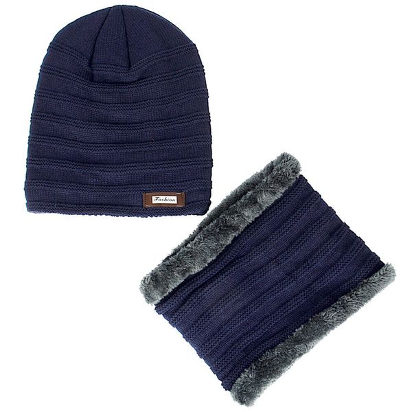 

neck warmer knitted hat scarf set fur wool lining thick warm knit beanies balaclava winter hat for men women cap skullies bonnet, Blue;gray