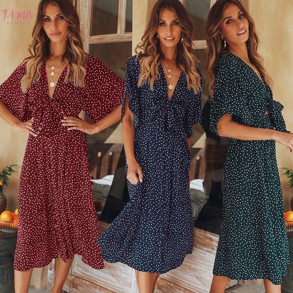 

women v neck boho polka dot summer dress party evening beach short sleeve casual chiffon midi dress sundress drop shipping, Black;gray