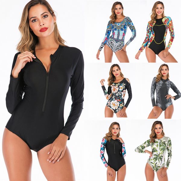 

длинные рукава rash guard женщины цветочные печати купальники zipper one piece купальники high neck surf костюм черный погружение bodysuit b, White;black