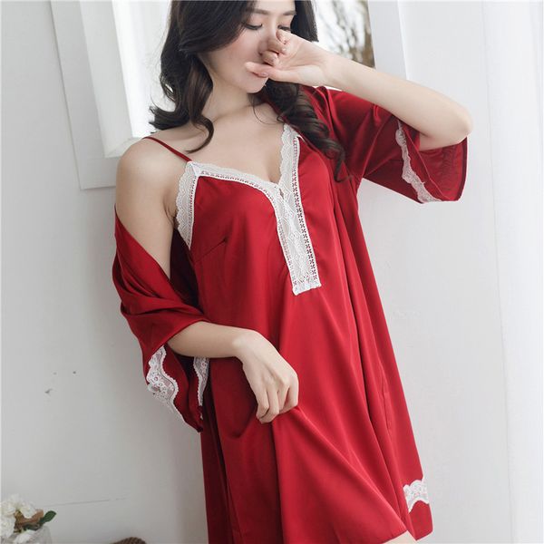 

summer style women silk mini sleep dress robe 2 piece set, Black;red