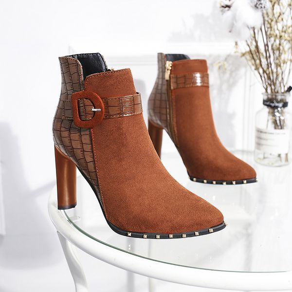 

botas mujer 2020 flock side zipper snake print pointed toe plush winter buckle super high heels ankle boots for women, Black